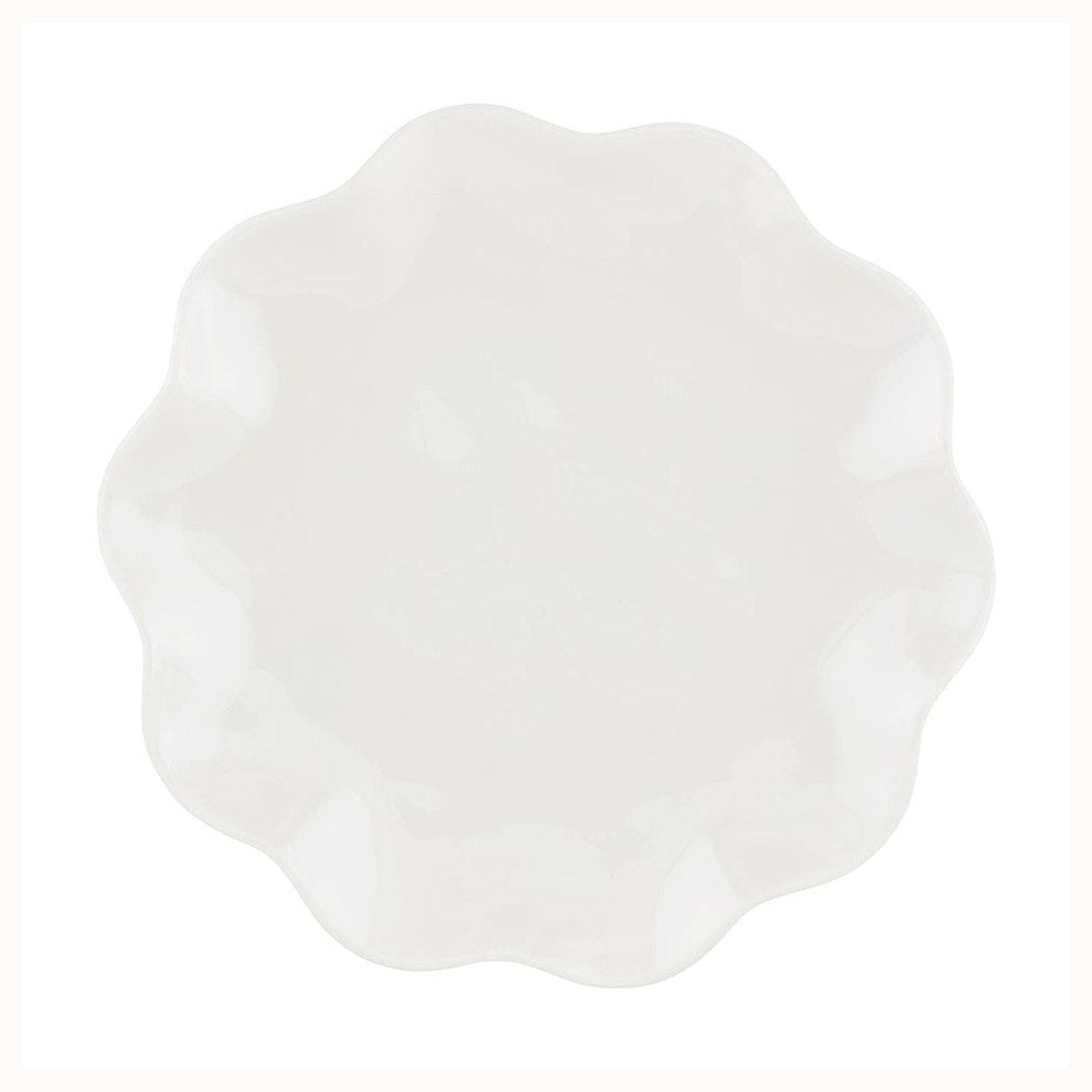 Ceramic white dinner plate featuring a delicate scalloped wavy rim and a smooth glossy finish displayed against a clean white studio background