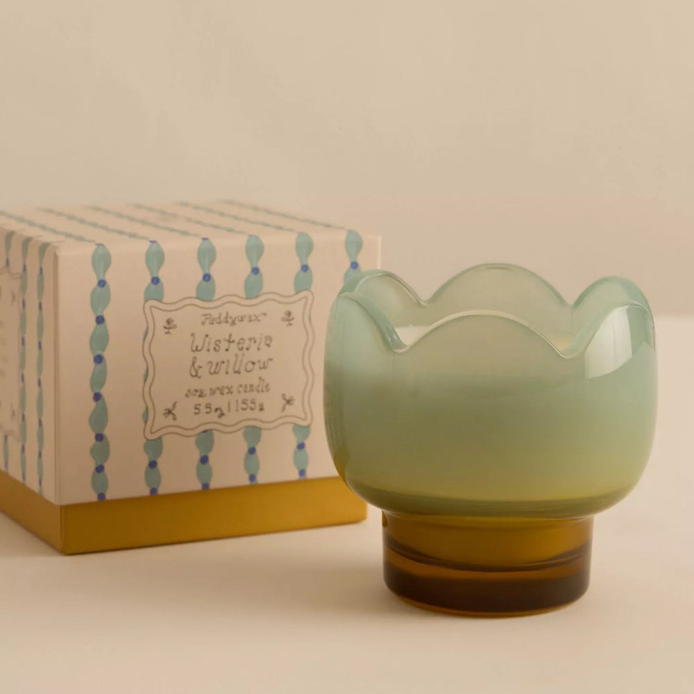Product photography by Paddywax of a Wisteria & Willow scented candle featuring a scalloped seafoam green glass vessel with a translucent amber base and a decorative box with blue beaded vertical lines on a neutral surface