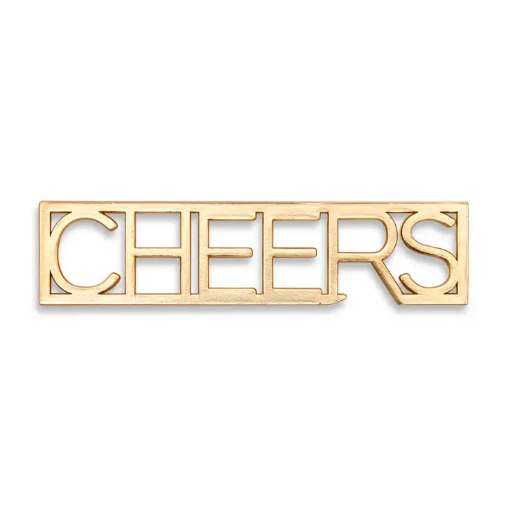 Gold-toned metallic lapel pin featuring the word CHEERS on a white background including the bold serif typography set within a rectangular frame and a polished yellow gold finish with sharp geometric edges