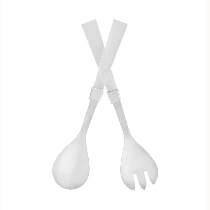 Polished white resin and silver-tone metal modern salad servers arranged in a crisscross pattern on a minimalist white background featuring a round spoon, a three-tined fork, and square metallic collars