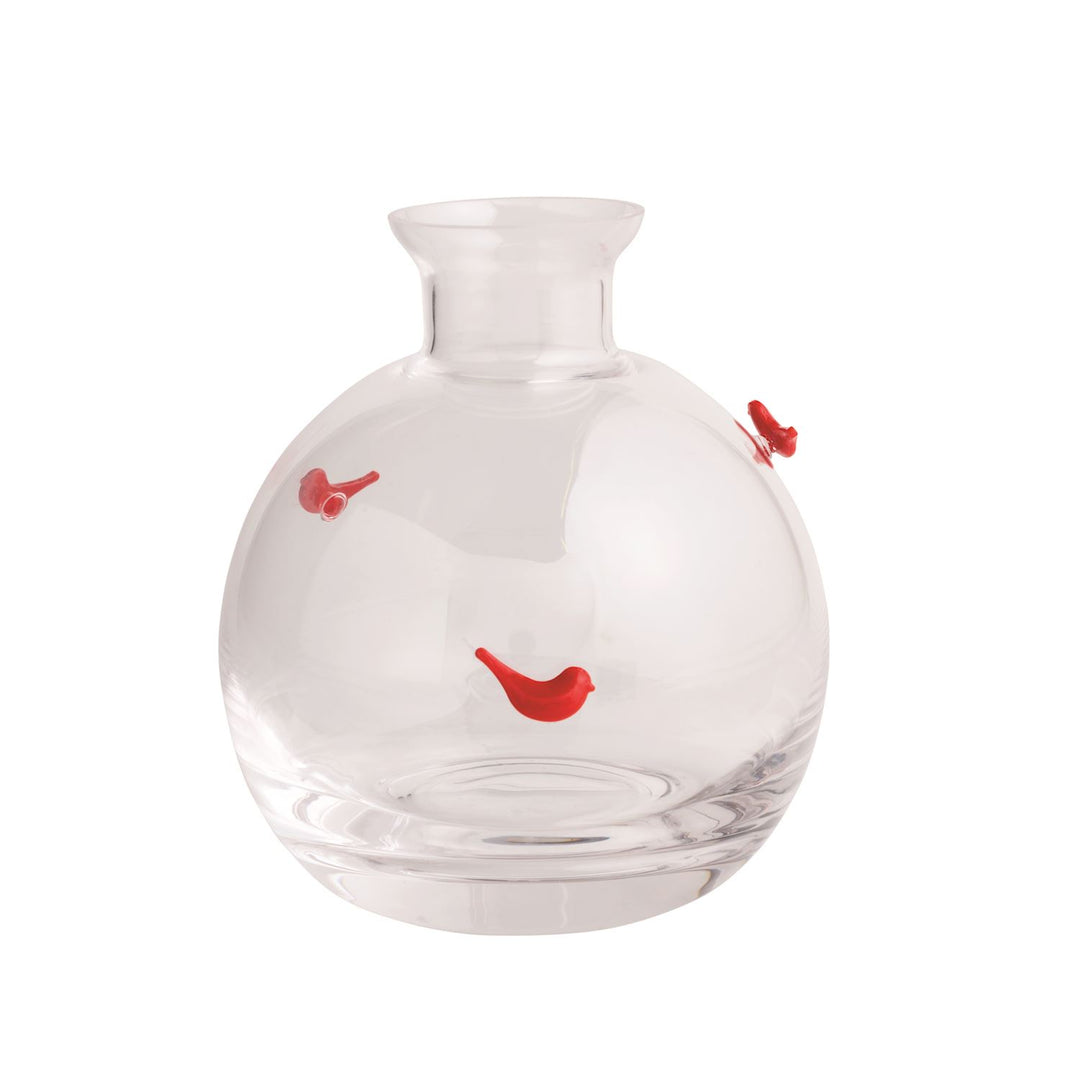 Mouth-blown glass vase by Borowski Glass Studio featuring a clear spherical body decorated with three small, vibrant red bird accents perched at different levels on its exterior against a minimalist white background