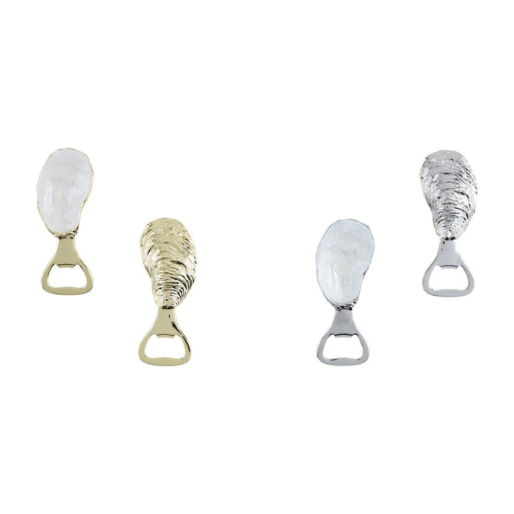 Cast metal oyster shell bottle openers displayed on a white background, featuring shimmering gold and silver finishes with realistic ridged textures and smooth pearlescent interiors