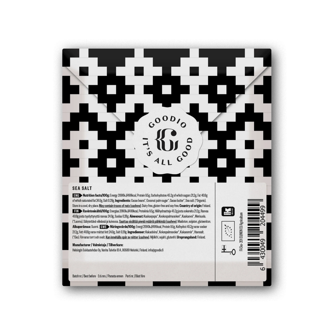 Graphic packaging design by Goodio depicting the back of a Sea Salt chocolate bar wrapper from Helsinki featuring a bold black and white pixelated geometric pattern, a scalloped brand logo, and multilingual nutritional information alongside a vertical barcode