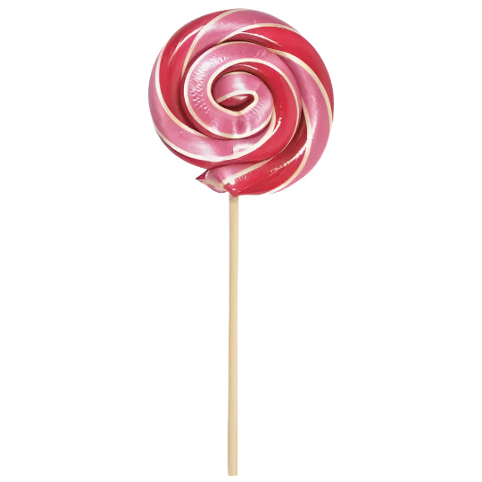 Studio photograph of a vibrant pink and red swirl lollipop centered against a plain white background featuring glossy magenta spirals, thin cream-colored stripes, and a light tan wooden stick