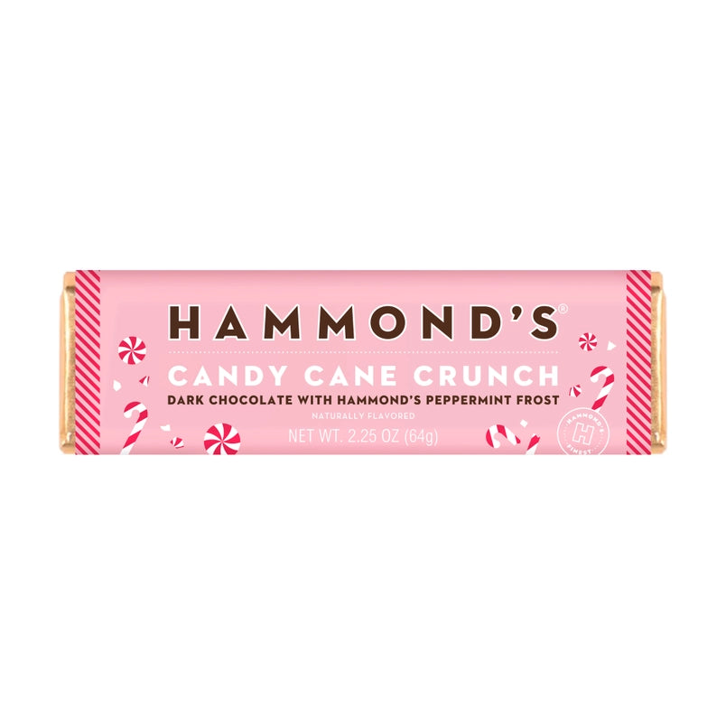 Product photograph of Hammond’s Candy Cane Crunch dark chocolate bar featuring a light pink wrapper with festive red peppermint illustrations and a prominent brand logo on a white background
