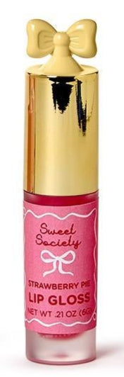 Product photograph of Sweet Society Strawberry Pie lip gloss featuring a reflective gold cap with a yellow bow topper, a pink label with white decorative borders, and a frosted tube showing the red gloss inside