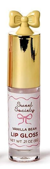 Product photograph by Sweet Society of a Vanilla Bean Lip Gloss tube featuring a shiny gold metallic cap topped with a yellow plastic bow and a white label with pink scalloped borders