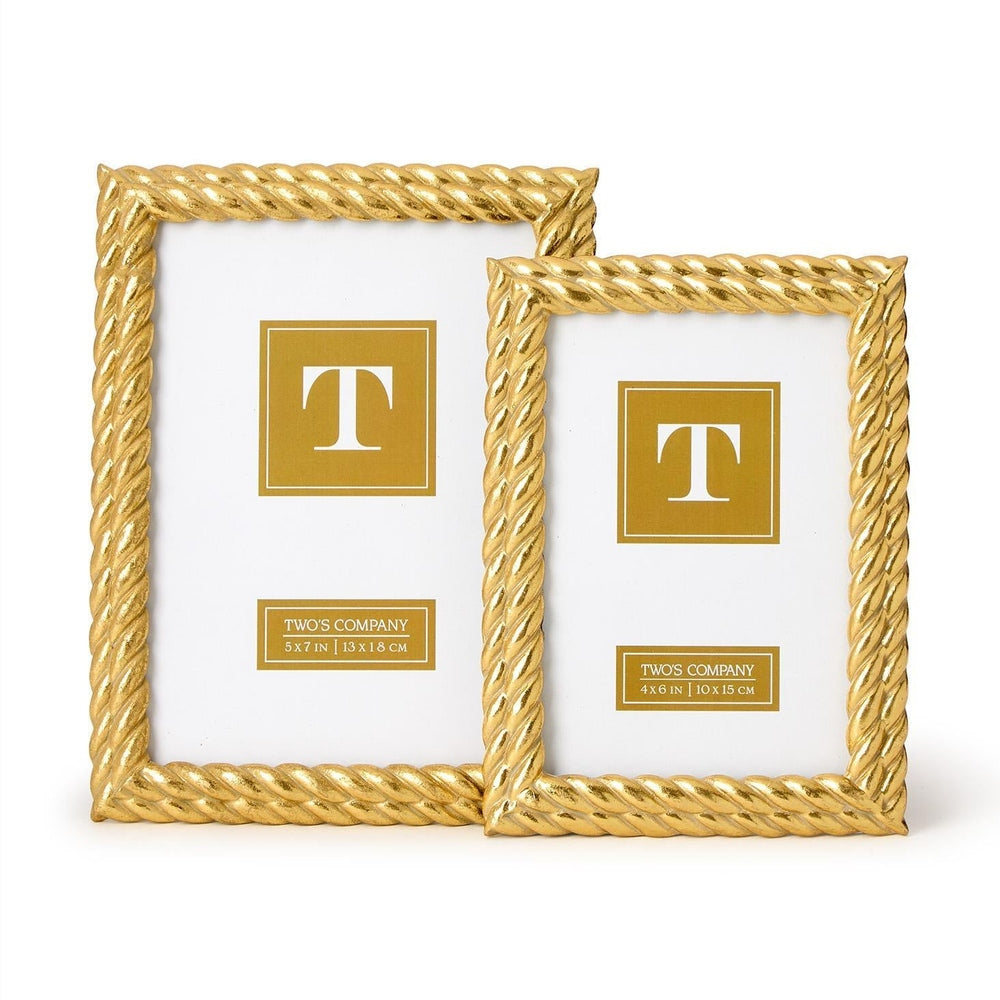Gold-finished metal frames by Two's Company featuring a nautical twisted rope design and hand-applied metallic luster with signature T logo inserts on a white background