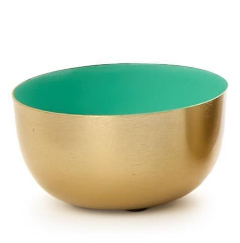 Enameled metal bowl by Herbert Krenchel featuring a decorative gold vessel on a white background with a vibrant turquoise interior and a brushed gold exterior