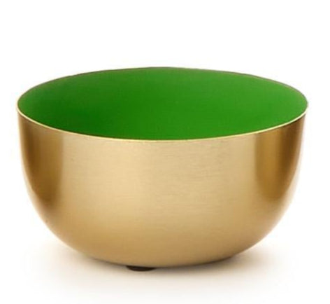 Enameled steel Krenit bowl by Herbert Krenchel featuring a brushed gold metallic exterior and a vibrant lime green interior set against a white background