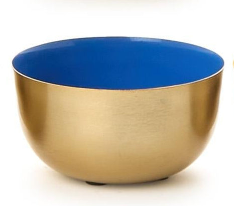 Enameled steel Krenit bowl by Herbert Krenchel featuring a mid-century modern circular design with a brushed gold exterior and a vibrant cobalt blue interior set against a white background