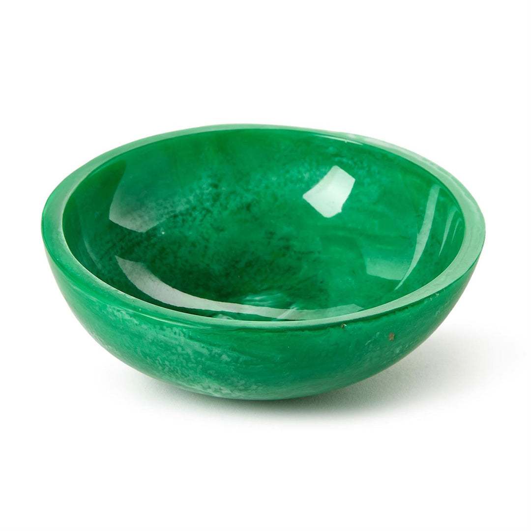 Malachite glass decorative bowl featuring vibrant emerald green marbling, a polished high-gloss finish, and a translucent swirled texture centered on a minimalist white background