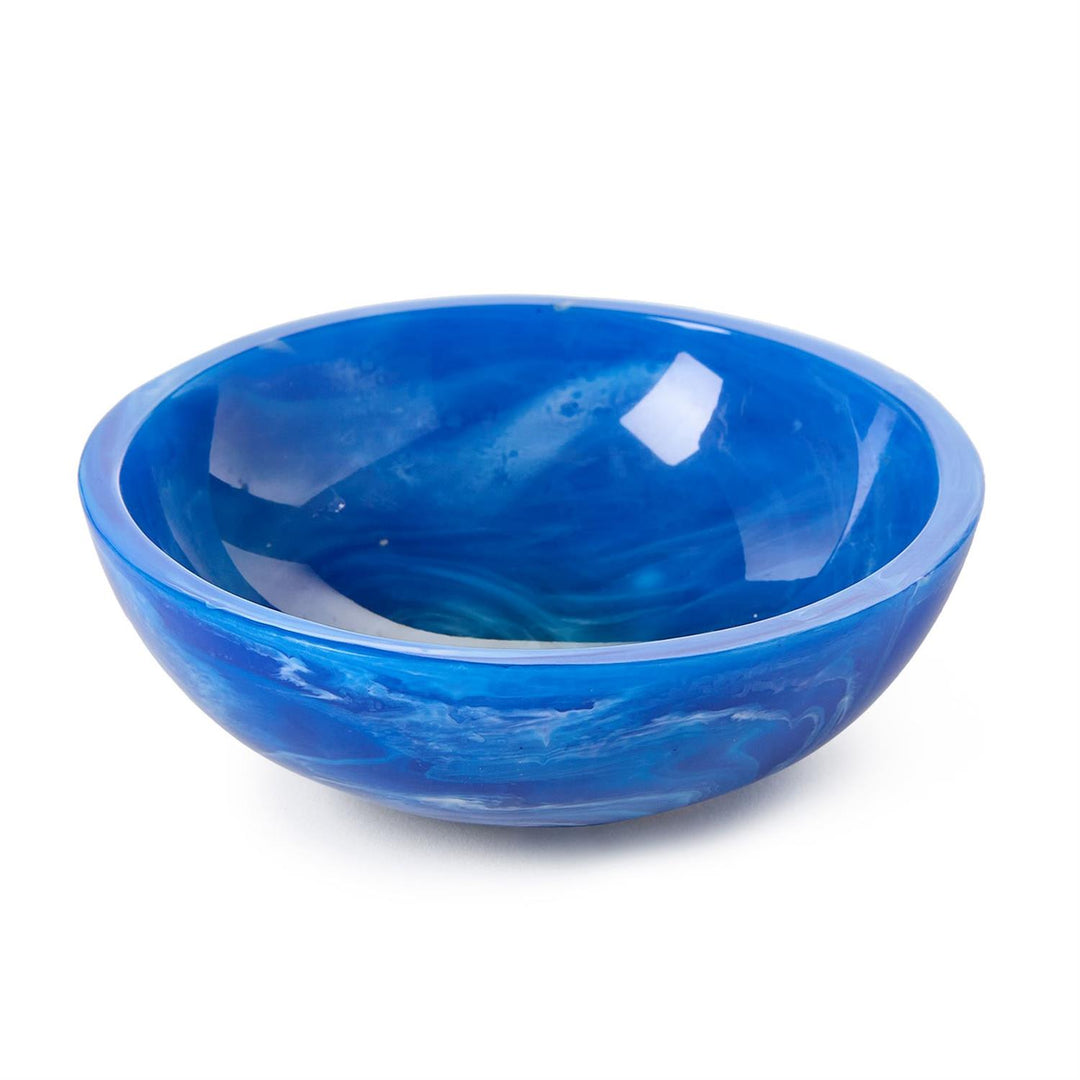 Handcrafted resin bowl featuring vibrant swirling cobalt and cerulean blue patterns with white marble-like veining and a polished glossy finish against a white studio background