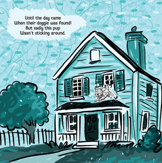 Digital illustration of a scruffy dog leaping from the window of a teal two-story house featuring a scribbled blue sky, a white picket fence, and a rounded green tree