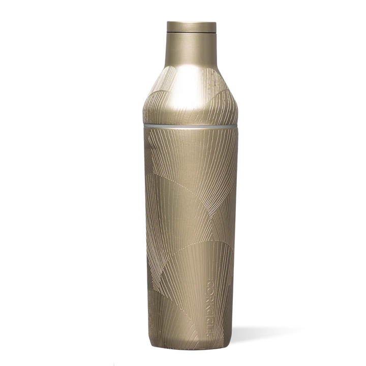 Insulated stainless steel canteen by Corkcicle featuring a matte champagne gold finish with intricate etched fan-shaped linear patterns and an embossed vertical logo against a dark background