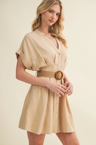 Dolman Sleeve Belted Button-Front Dress