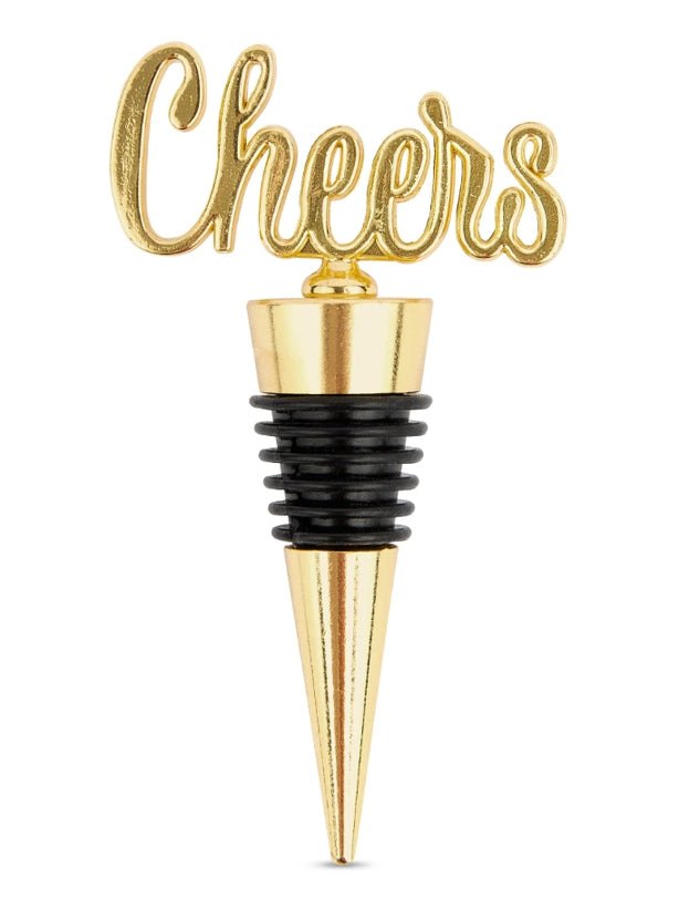 Gold-toned metal and rubber wine stopper featuring elegant cursive Cheers lettering, a multi-ribbed black silicone seal, and a polished conical base set against a minimalist white background