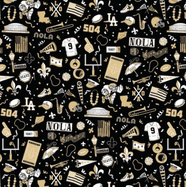 Digital graphic illustration of a New Orleans sports and culture pattern featuring the iconic Superdome and Bourbon Street sign alongside gold fleur-de-lis symbols, number 9 jerseys, and jazz instruments set against a black background