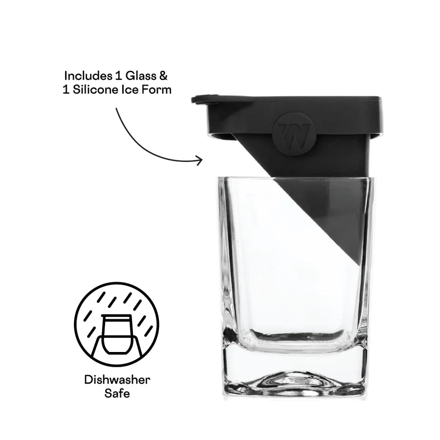 Product photograph of a Corkcicle Whiskey Wedge featuring a clear glass and a slanted black silicone ice mold on a white background with a circular brand logo and a dishwasher safe icon
