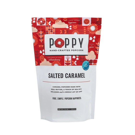 Graphic design for Poppy Hand-Crafted Popcorn showcases a Salted Caramel bag centered on a white background featuring a vibrant red and cream folk-art header with smiley face motifs, a signature red poppy flower logo, and a distinctive blue gluten-free seal