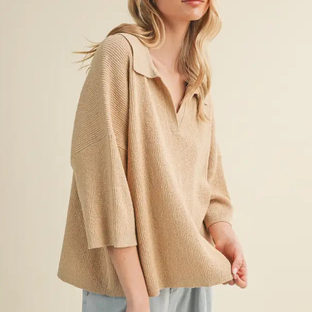Polo Collar Open V-Neck Pullover