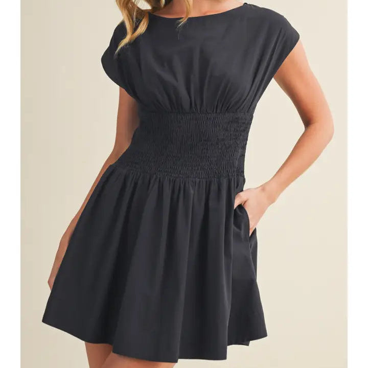 Smocked-Waist Blouson Poplin Dress