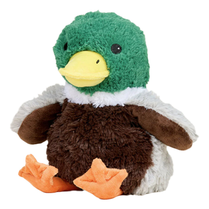 Plush toy by Jellycat of a mallard duck positioned on a white background with a fuzzy green head, wide yellow beak, and vibrant orange webbed feet