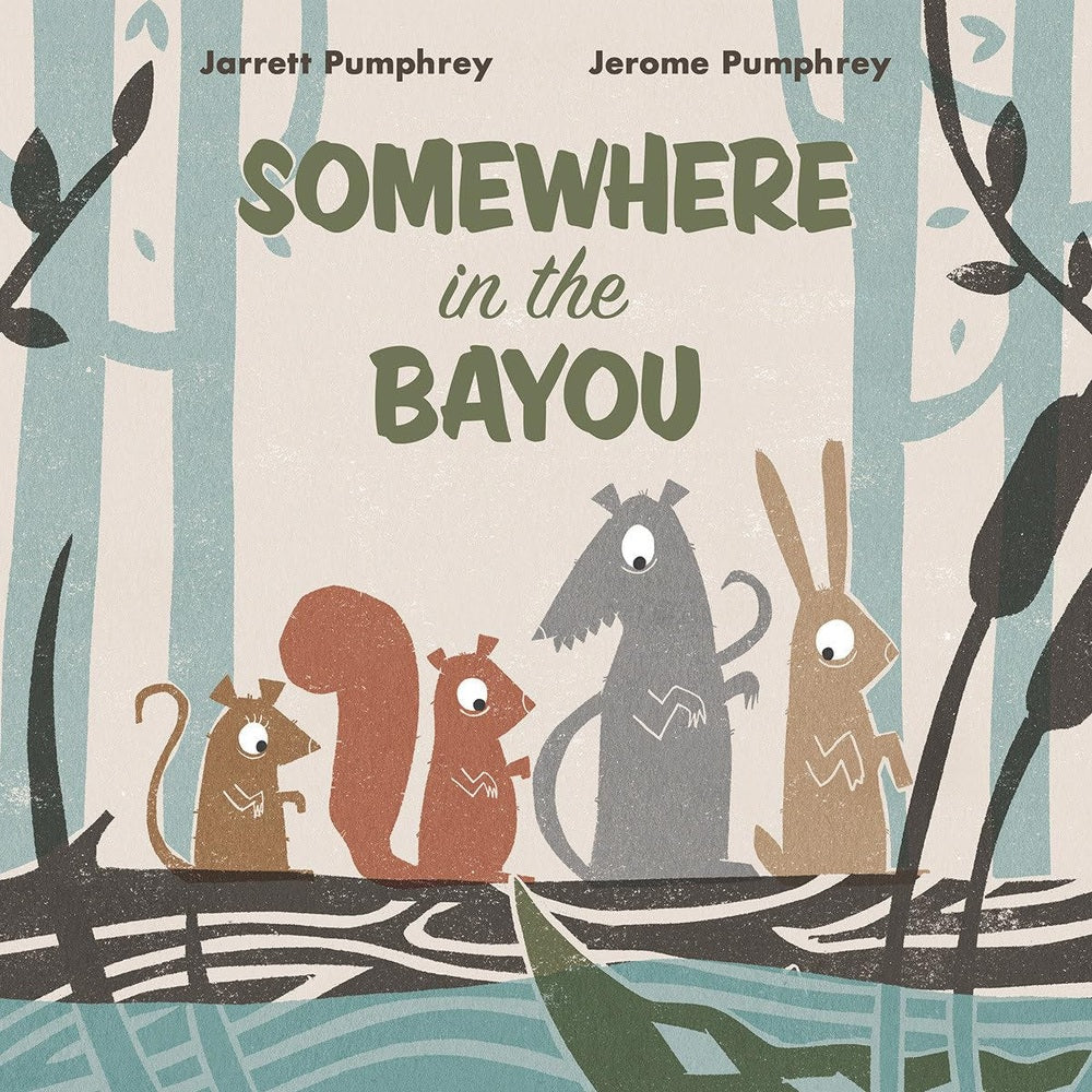 Digital illustration by Jarrett and Jerome Pumphrey for the book Somewhere in the Bayou featuring four wide-eyed animals on a log surrounded by tall cypress trees, dark cattails, and textured stamp-style silhouettes in earth tones