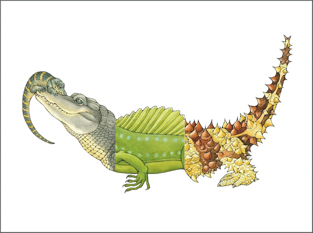 Watercolor and ink illustration of a chimeric reptile on a white background featuring a crocodile head with a hatchling on its snout, a green sail-finned torso with pale blue spots, and a tail covered in yellow and brown spikes
