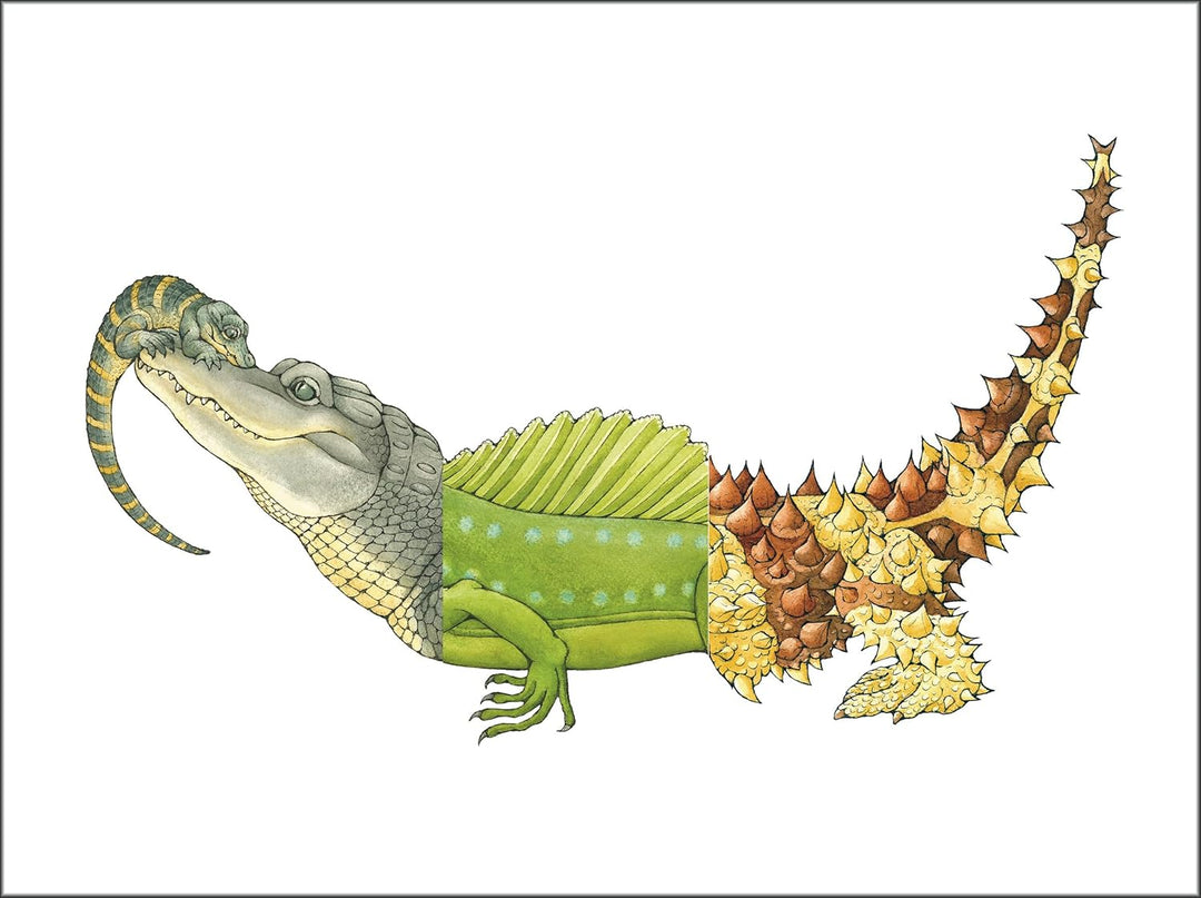 Watercolor and ink illustration of a chimeric reptile on a white background featuring a crocodile head with a hatchling on its snout, a green sail-finned torso with pale blue spots, and a tail covered in yellow and brown spikes