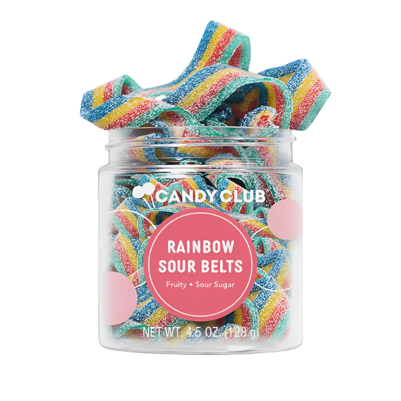 Studio product photograph by Candy Club showcasing a clear jar of Rainbow Sour Belts featuring vibrant multi-colored stripes, a crystalline sugar coating, and a signature pink label against a white background