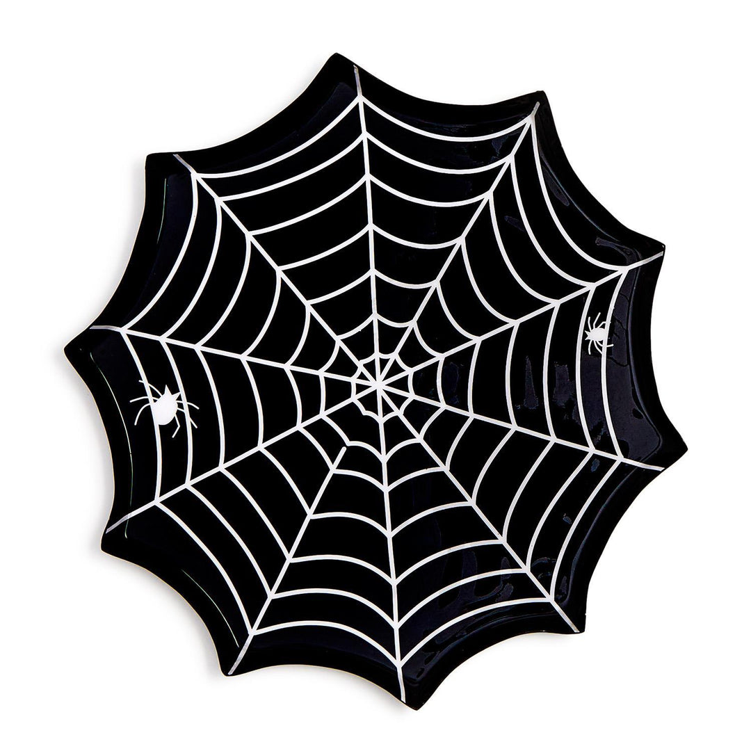 Ceramic Halloween plate featuring a glossy black spiderweb design with two small white spiders and intricate white concentric lines against a plain white background