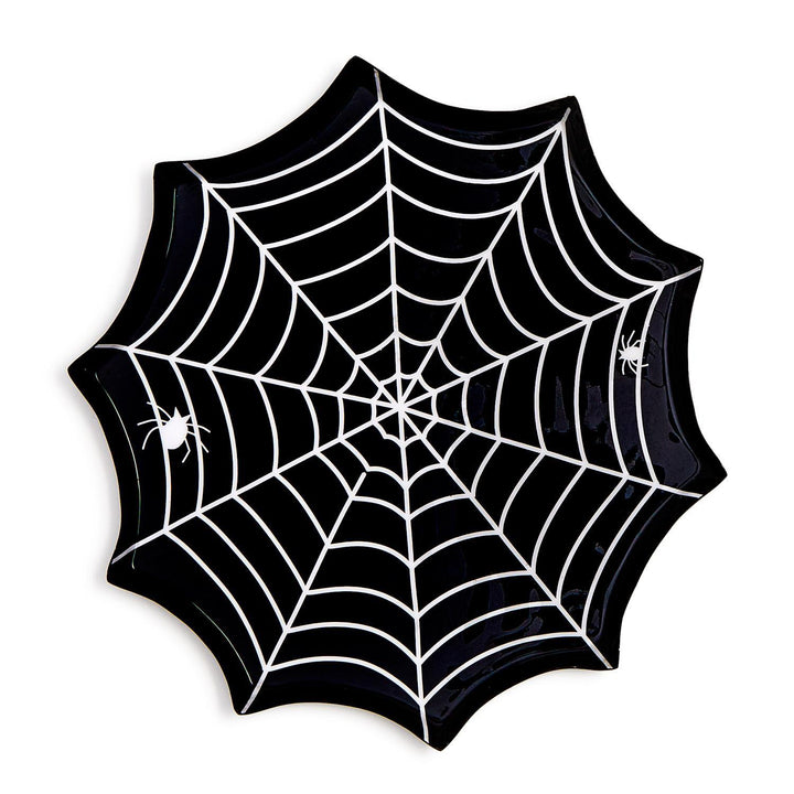 Ceramic Halloween plate featuring a glossy black spiderweb design with two small white spiders and intricate white concentric lines against a plain white background