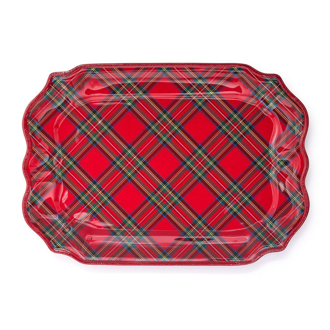 Ceramic serving platter featuring a vibrant red Stewart tartan pattern with a scalloped rim and glossy finish set against a plain white background