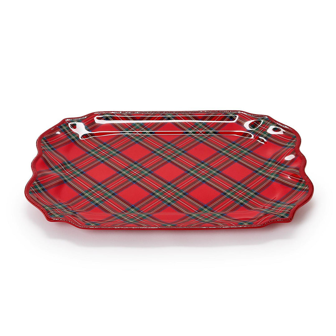 Melamine serving platter featuring a vibrant red tartan pattern with green and blue accents on a plain white background with decorative scalloped edges and a glossy finish