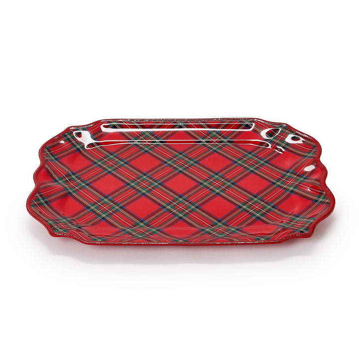 Melamine serving platter featuring a vibrant red tartan pattern with green and blue accents on a plain white background with decorative scalloped edges and a glossy finish