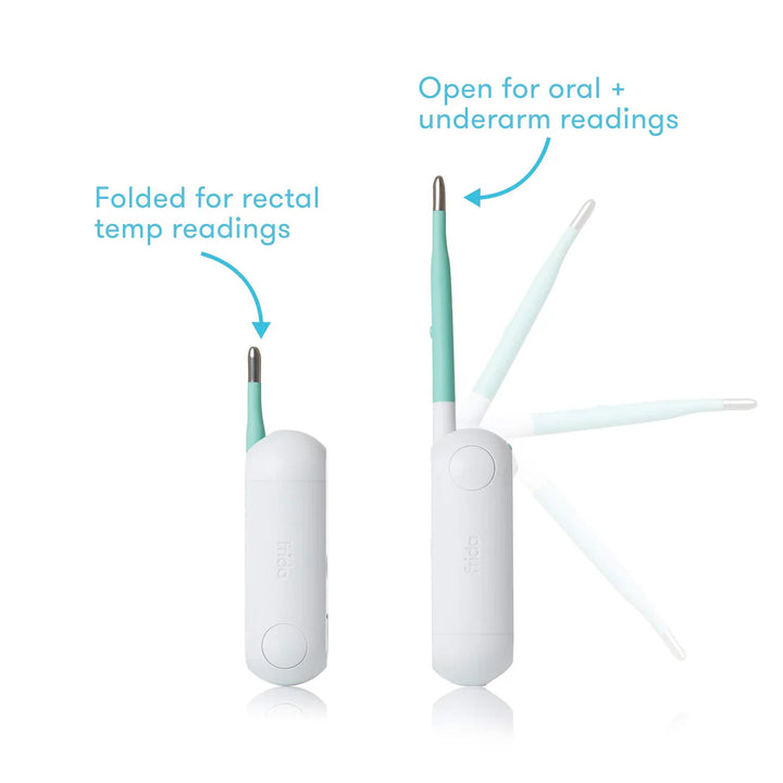 Digital product photograph by Frida displaying a white and mint green 3-in-1 baby thermometer on a studio background with blue instructional text and arrows showing the silver-tipped probe in both folded and extended positions for rectal, oral, and underarm temperature readings