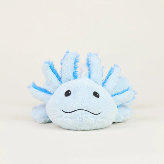 Plush stuffed animal of a light blue axolotl centered on a plain neutral background featuring fuzzy frilled gills with royal blue tips, soft pastel fur, and a small black stitched smile