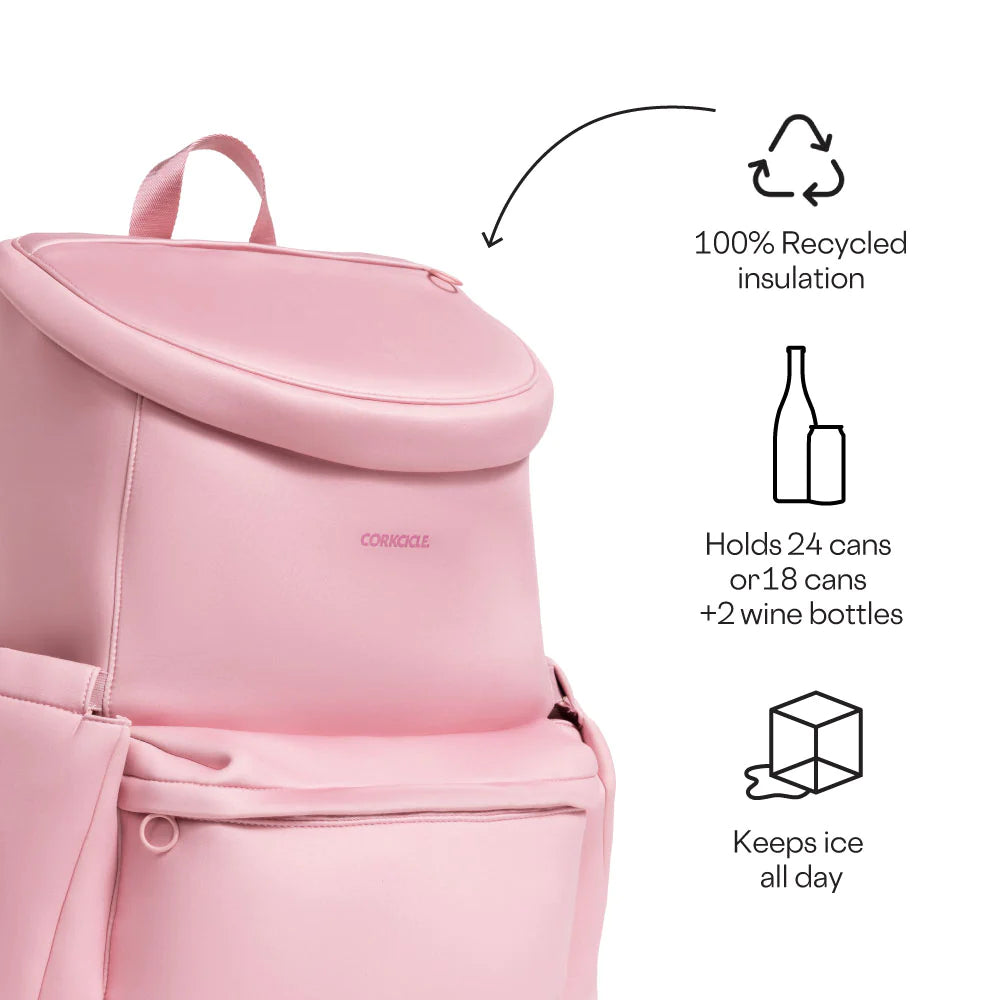 Commercial product photograph by Corkcicle of a pastel pink insulated backpack cooler on a white background, featuring the brand logo, icons for 100% recycled insulation, and a graphic illustrating a twenty-four-can storage capacity
