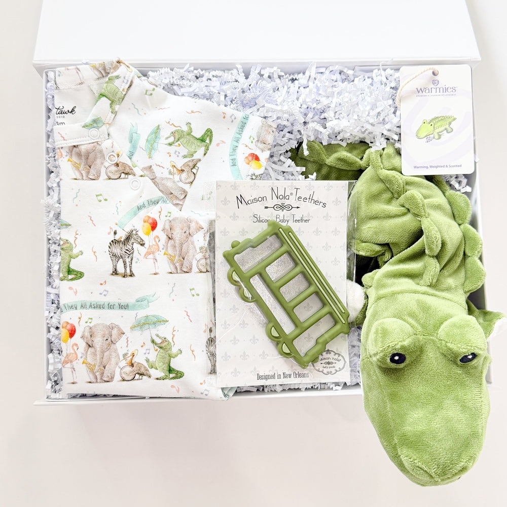 Green alligator-themed children's toy set with books and plush toy on a white background