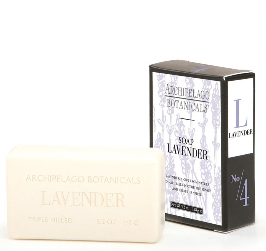 Product photography of Archipelago Botanicals lavender soap and its packaging on a white background featuring a cream-colored embossed bar, light purple botanical illustrations, and a large number 4 logo