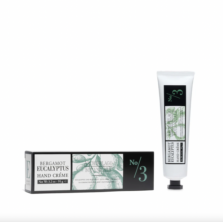 Product photograph of Archipelago Botanicals Bergamot Eucalyptus Hand Crème packaging on a white background featuring sage green botanical illustrations and bold No 3 branding