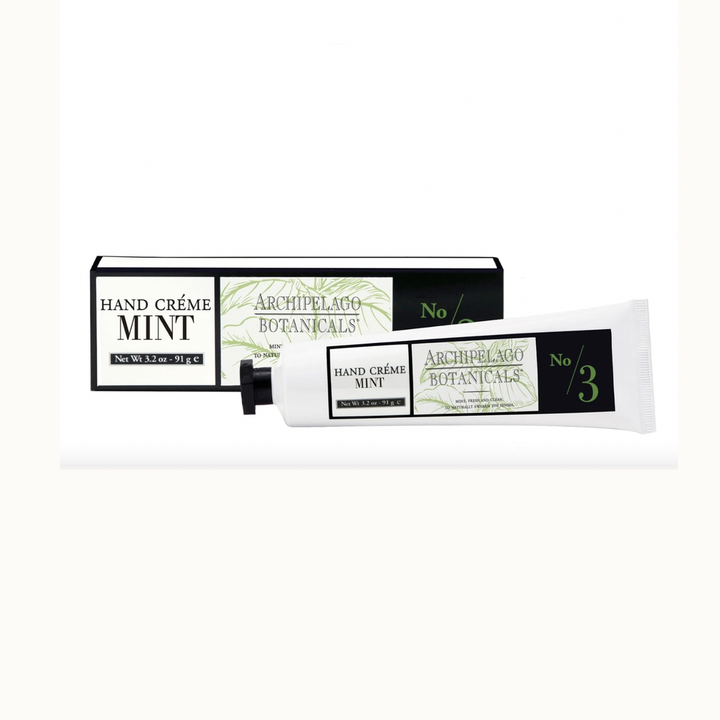 Commercial product photography of Archipelago Botanicals Mint Hand Créme featuring a white tube and box against a plain background with delicate pale green botanical leaf sketches and bold black No 3 typography