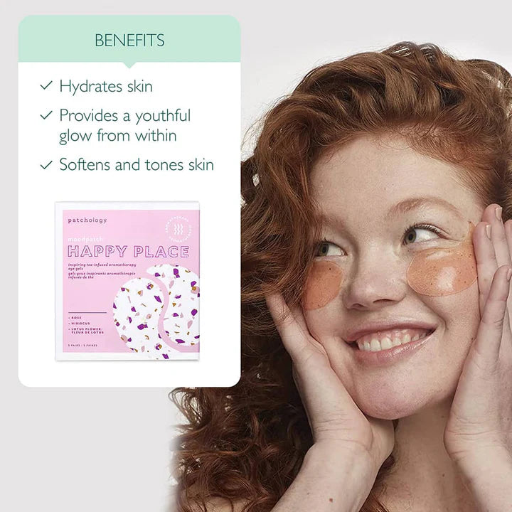 Promotional photograph for Patchology featuring a smiling red-haired woman wearing sparkly peach under-eye patches alongside a lavender patterned Happy Place box and a mint green benefits list highlighting skin hydration and toning benefits