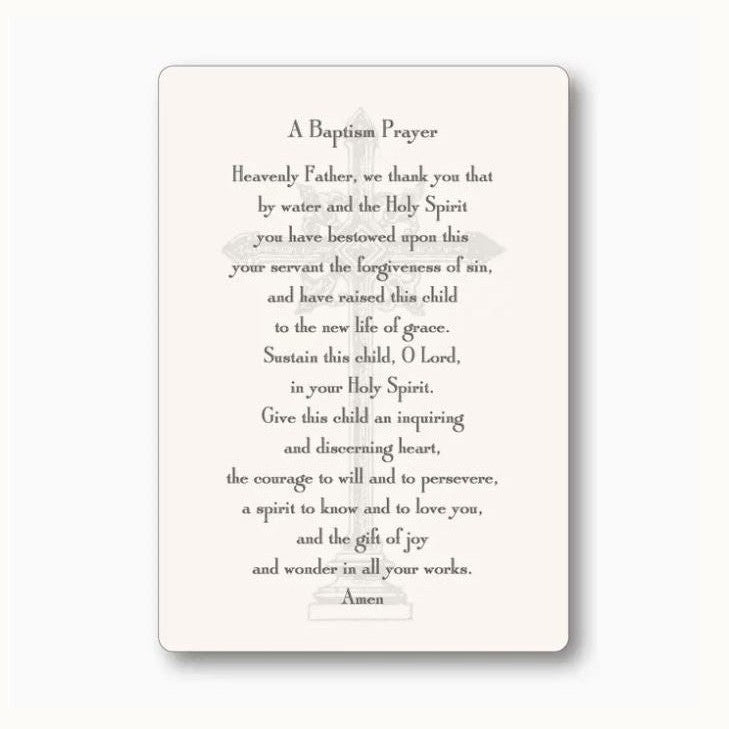 Printed prayer card featuring a baptismal prayer in elegant serif font centered over a faint grey ornate cross watermark on a cream-colored background with rounded corners