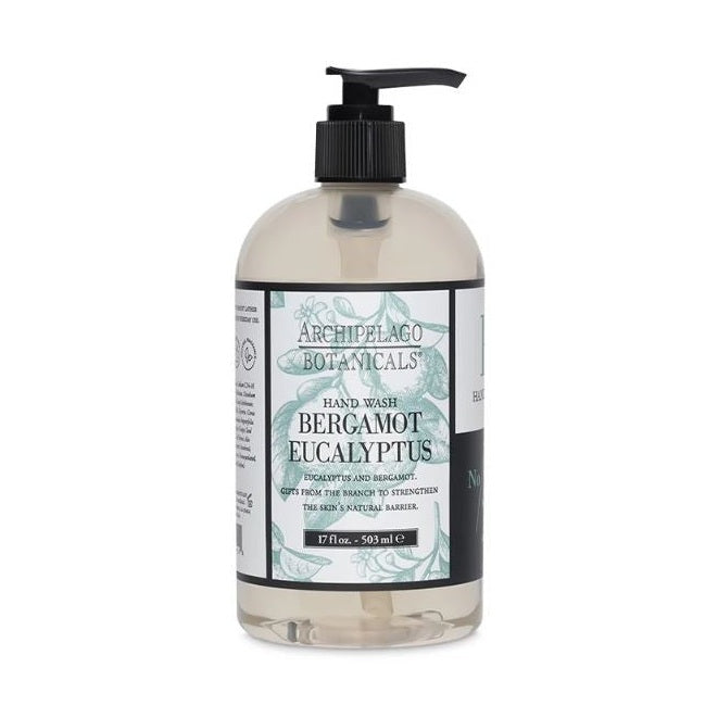 Commercial product photography for Archipelago Botanicals featuring a Bergamot Eucalyptus Hand Wash bottle on a white background with a black pump dispenser and soft green botanical leaf illustrations on the label
