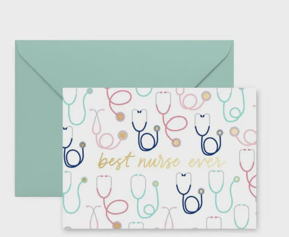 Graphic design greeting card featuring best nurse ever in gold script font surrounded by a repeating pattern of pink, teal, and navy blue stethoscopes alongside a mint green envelope