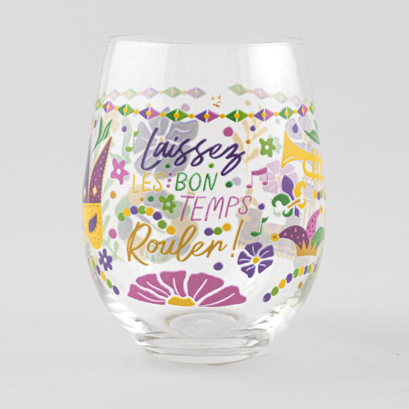 Hand-painted stemless wine glass featuring New Orleans Mardi Gras motifs including the Laissez Les Bon Temps Rouler script, a golden fleur-de-lis, and a yellow trumpet accented by vibrant purple and green bead patterns