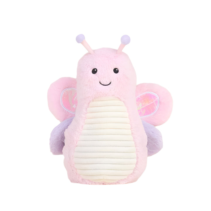 Plush toy by Jellycat of a smiling pink butterfly centered on a white background featuring lavender pom-pom antennae, a cream ribbed belly, and shimmery iridescent inner wings