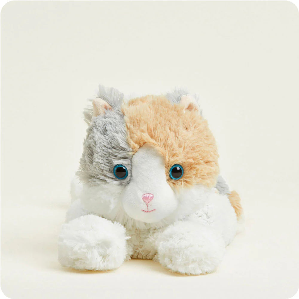 Plush stuffed toy of a calico kitten resting on a neutral off-white surface featuring large glossy blue eyes, a small pink embroidered nose, and soft patches of orange and grey fur